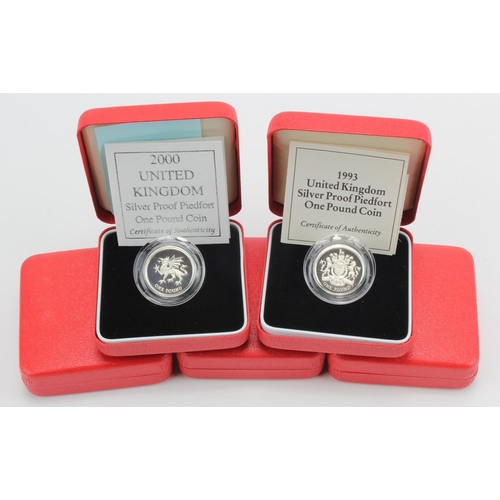 648 - GB One Pound Silver Proof Piedforts (5). 1993, 94, 96, 99 & 2000. FDC in the red boxes of issue