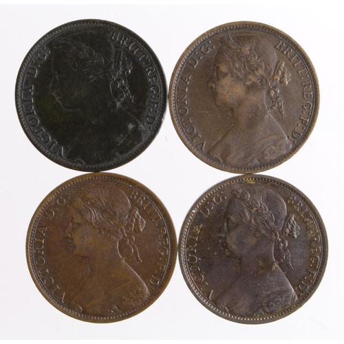 656 - GB Pennies (4) Queen Victoria 'bun head' bronze: 1865 GVF, 1876H obv 8 rev K, GVF trace lustre, and ... 