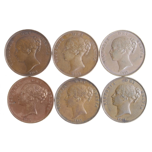 659 - GB Pennies (6) Queen Victoria young head copper: 1841 OT no colon after REG VF, 1854 PT cleaned GVF,... 