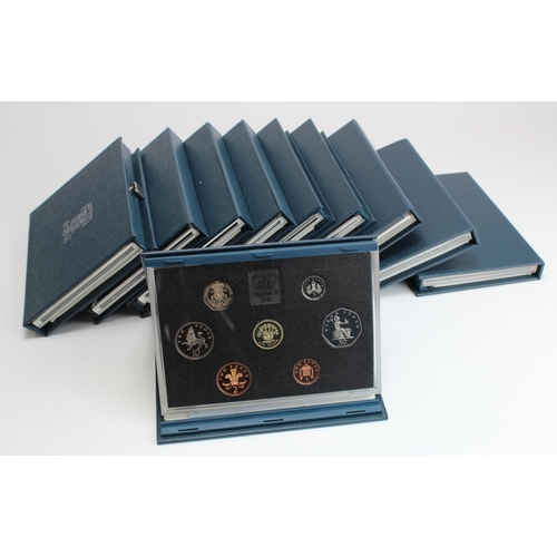 672 - GB Proof Sets (10) a date run from 1986 - 1996 (missing 1987) aFDC in the blue cases of issue