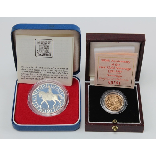 76 - Sovereign 1989 Proof FDC boxed as issued along with a Silver Proof Crown 1977 FDC boxed as issued