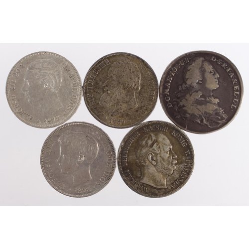 822 - World Crown-Size Silver Coins (5): Brazil 2000 Reis 1889 lightly toned EF; German State Bavaria Thal... 