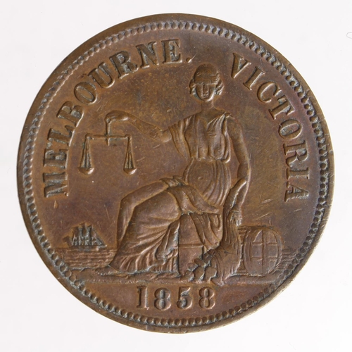 828 - Australian 19thC Penny Token: Hide & DeCarle, Melbourne 1858, GVF