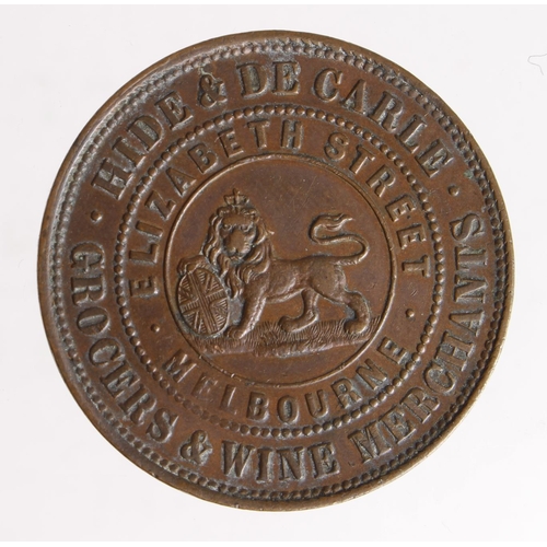 828 - Australian 19thC Penny Token: Hide & DeCarle, Melbourne 1858, GVF