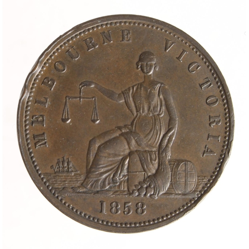 829 - Australian 19thC Penny Token: 'Peace & Plenty' Melbourne, Victoria 1858, nEF, a few edge knocks.