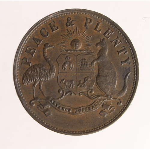 829 - Australian 19thC Penny Token: 'Peace & Plenty' Melbourne, Victoria 1858, nEF, a few edge knocks.