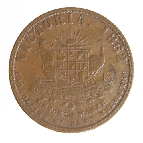 830 - Australian 19thC Penny Token: T. Stokes, Melbourne 1862, F/GF, faint ink number rev.