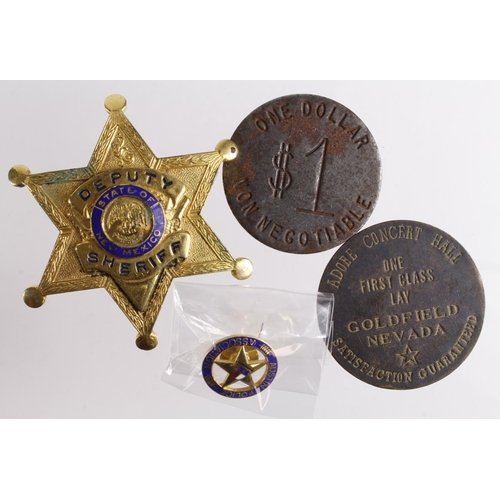 957 - USA Tokens & Badges (4): New Mexico Deputy Sheriff's badge, Austin Police Association pin, Goldfield... 