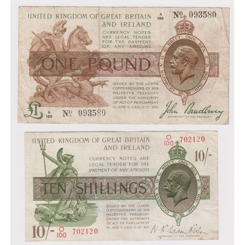 11 - Treasury (2) a pair of notes both with hard to find HIGHEST '100' prefixes, Bradbury 1 Pound issued ... 