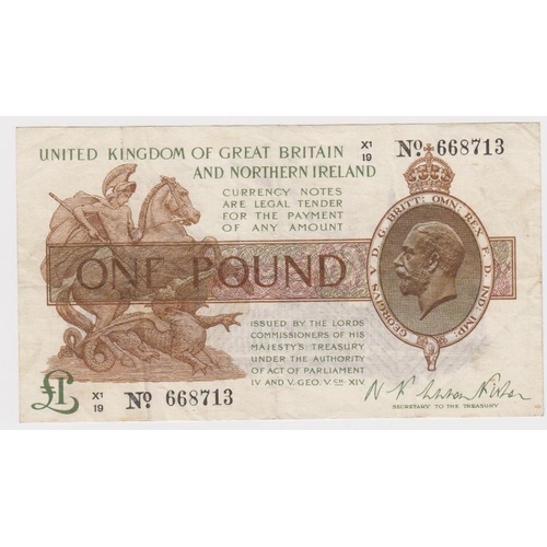 13 - Warren Fisher 1 Pound issued 1927, rare LAST SERIES, Great Britain & Northern Ireland issue, serial ... 