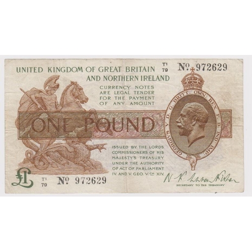 14 - Warren Fisher 1 Pound issued 25th July 1927, rarer Great Britain & Northern Ireland issue, serial T1... 