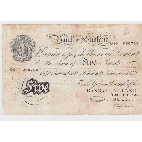 25 - Bank of England (3), Beale 5 Pounds dated 9th November 1949 serial O90 086722 (B270), Mahon 10 Shill... 