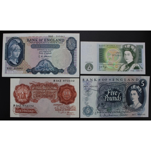 27 - Bank of England (4), Beale 10 Shillings (B266) good EF, O'Brien 5 Pounds (B277) about EF, Hollom 5 P... 
