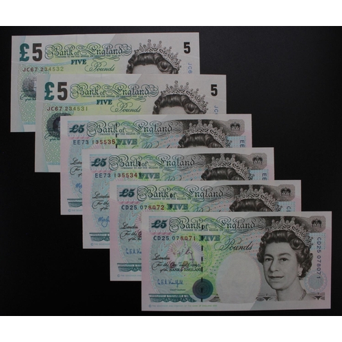31 - Bank of England (6), Bailey 5 Pounds (2) issued 2012, a consecutively numbered pair, serial JC672345... 