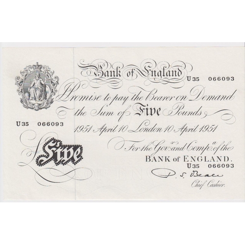 38 - Beale 5 Pounds dated 10th April 1951, serial U35 066093, a consecutively numbered note to the previo... 