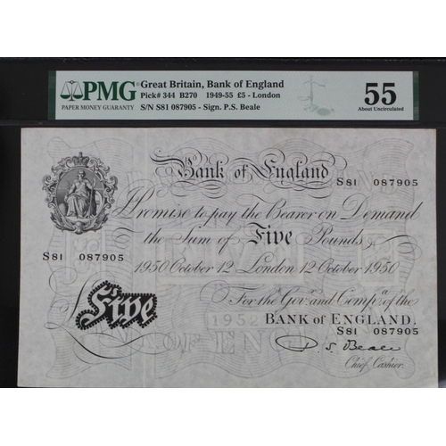 39 - Beale 5 Pounds dated 12th October 1950, serial S81 087905 (B270, Pick344) in PMG holder graded 55 Ab... 