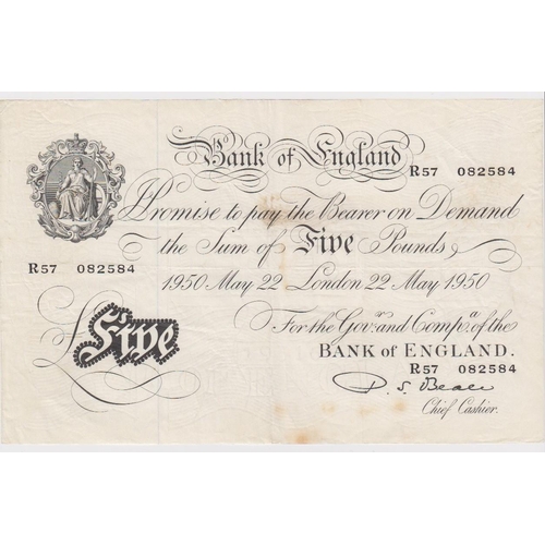 40 - Beale 5 Pounds dated 22nd May 1950, serial R57 082584 (B270, Pick344) some dirt/stains, about VF