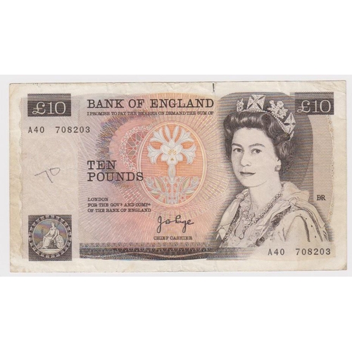 54 - ERROR Page 10 Pounds issued 1975, major overprint front on back of a FIRST SERIES note, serial A40 7... 