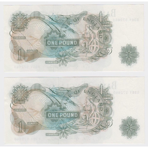 59 - Fforde 1 Pound (2) issued 1967, a consecutively numbered pair of FIRST SERIES notes, serial B38Y 572... 