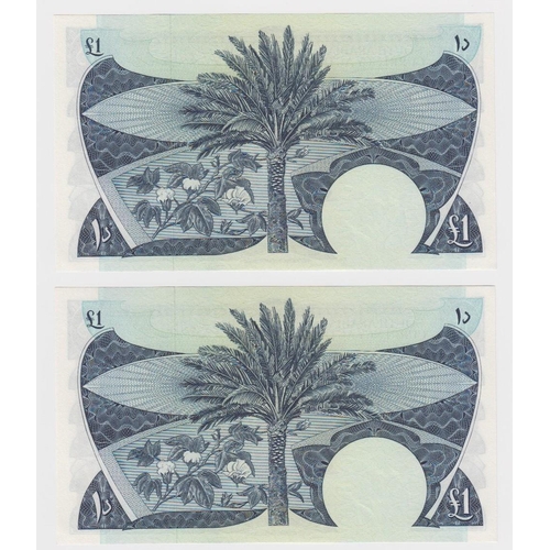 597 - Yemen Democratic Republic 1 Dinar (2) issued 1965, a consecutively numbered pair serial F756411 & F7... 