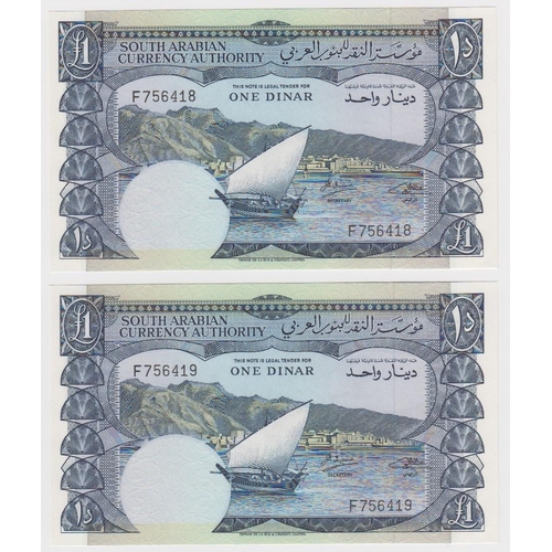 598 - Yemen Democratic Republic 1 Dinar (2) issued 1965, a consecutively numbered pair serial F756418 & F7... 