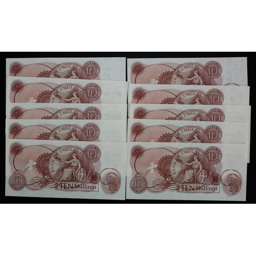 60 - Fforde 10 Shillings (10) issued 1967, a consecutively numbered run of LAST SERIES notes with '01' Pr... 