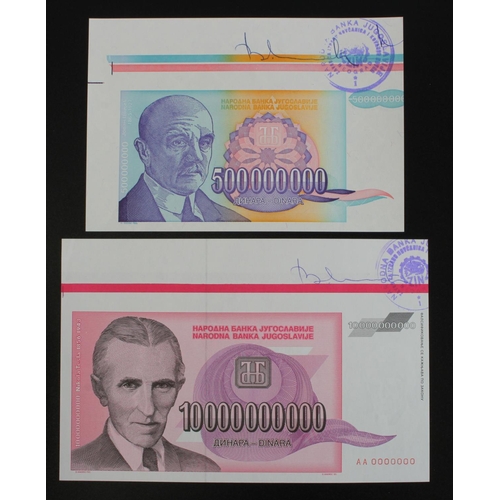 602 - Yugoslavia (2) 500,000,000 Dinara and 10,000,000,000 Dinara dated 1993, rare PROOF one without seria... 