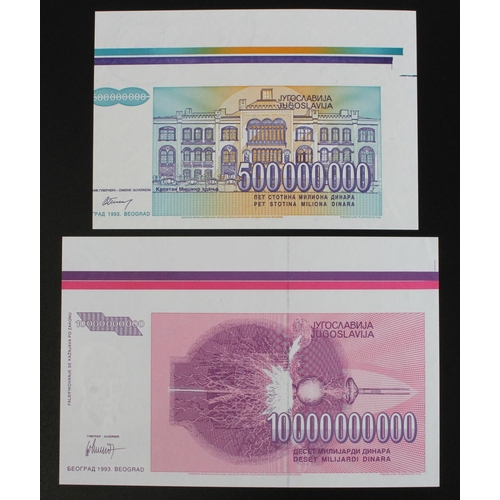 602 - Yugoslavia (2) 500,000,000 Dinara and 10,000,000,000 Dinara dated 1993, rare PROOF one without seria... 