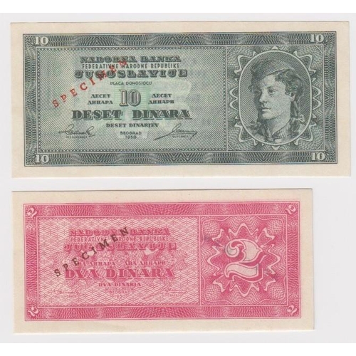 603 - Yugoslavia (2), 10 Dinara and 2 Dinara dated 1950, a pair of SPECIMEN notes from the unissued series... 