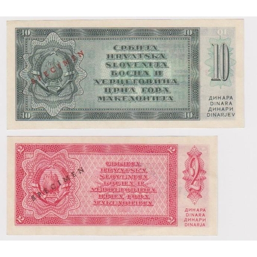 603 - Yugoslavia (2), 10 Dinara and 2 Dinara dated 1950, a pair of SPECIMEN notes from the unissued series... 