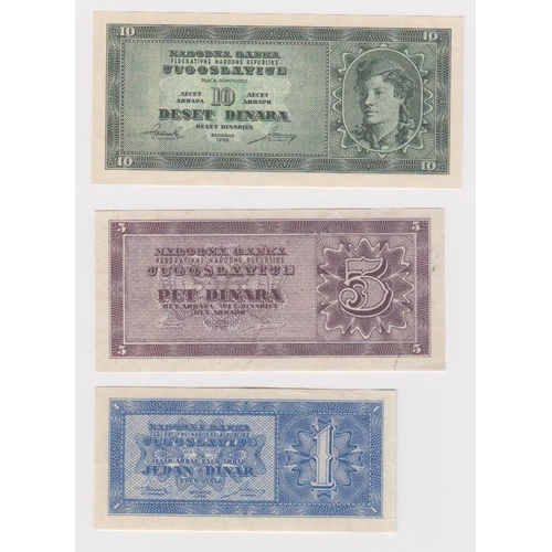 605 - Yugoslavia (3), 10 Dinara, 5 Dinara and 1 Dinara dated 1950, unissued series (Pick67P, 67R & 67S) EF... 