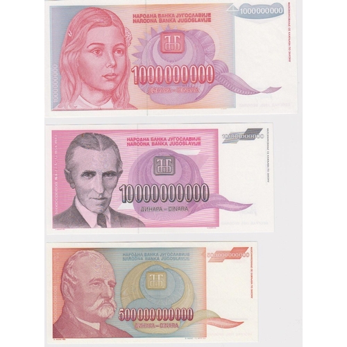 607 - Yugoslavia (3), a set of notes WITHOUT SERIAL numbers, 500 Billion (this the highest denomination pr... 