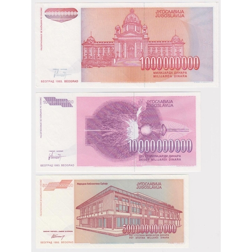 607 - Yugoslavia (3), a set of notes WITHOUT SERIAL numbers, 500 Billion (this the highest denomination pr... 