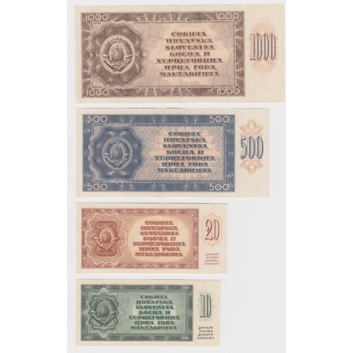 608 - Yugoslavia (4), group of REVERSE PROOFS from the unissued design of 1950, 10 Dinara, 20 Dinara, 500 ... 