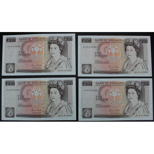 61 - Gill 10 Pounds (4) issued 1988, a consecutively numbered run, serial JN15 513033 & JN15 513036 (B354... 