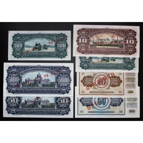 611 - Yugoslavia (7), a collection of SPECIMEN notes, 500 & 5000 Dinara dated 1st May 1963, 50, 10 and 5 D... 