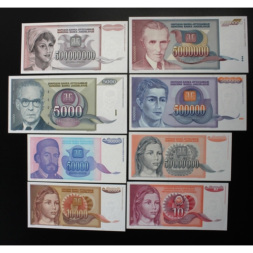 612 - Yugoslavia (8), a set of notes WITHOUT SERIAL numbers, 10 Dinara to 500,000,000 Dinara with dated ra... 