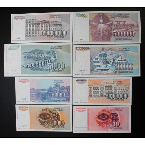 612 - Yugoslavia (8), a set of notes WITHOUT SERIAL numbers, 10 Dinara to 500,000,000 Dinara with dated ra... 