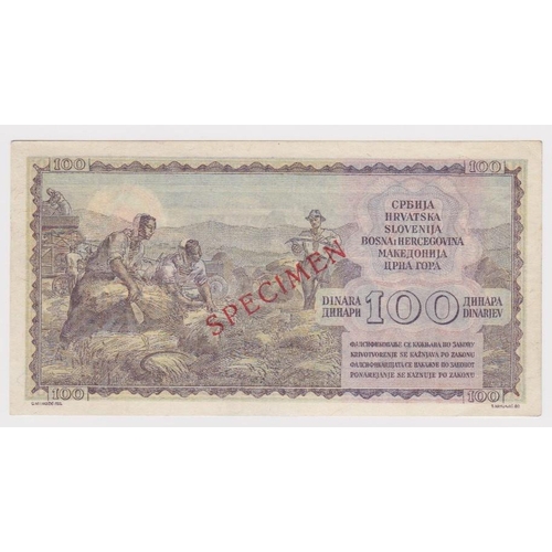 615 - Yugoslavia 100 Dinara dated 1st May 1953, SPECIMEN note with serial No. A3 762334 (Pick68) small cor... 