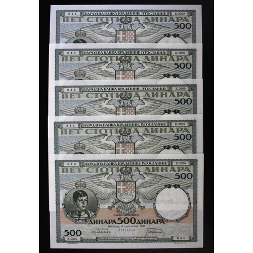 620 - Yugoslavia 500 Dinara (5) dated 6th September 1935, a consecutively numbered run, serial K.0209 840 ... 