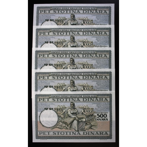 620 - Yugoslavia 500 Dinara (5) dated 6th September 1935, a consecutively numbered run, serial K.0209 840 ... 