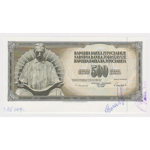 621 - Yugoslavia 500 Dinara dated 16th July 1986, rare PROOF without serial number, with extra paper showi... 