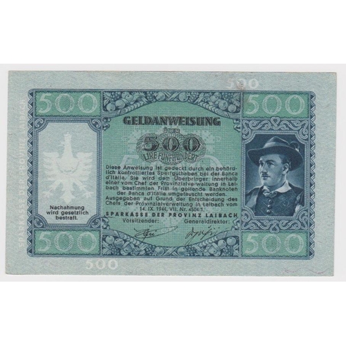 626 - Yugoslavia Slovenia 500 Lir dated 14th September 1944, Laibach Province, German Occupation World War... 