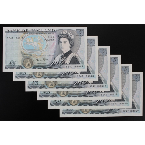 65 - Gill 5 Pounds (6) issued 1988, a consecutively numbered run of 6 LAST SERIES notes, serial SE42 1949... 