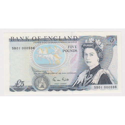 67 - Gill 5 Pounds issued 1988, nice '01' prefix note with LOW SERIAL No. SB01 000596 (B353, Pick378f) Un... 