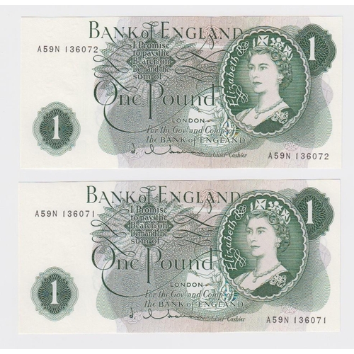 69 - Hollom 1 Pound (2) issued 1963, a consecutively numbered pair of FIRST SERIES notes with small 'G' o... 