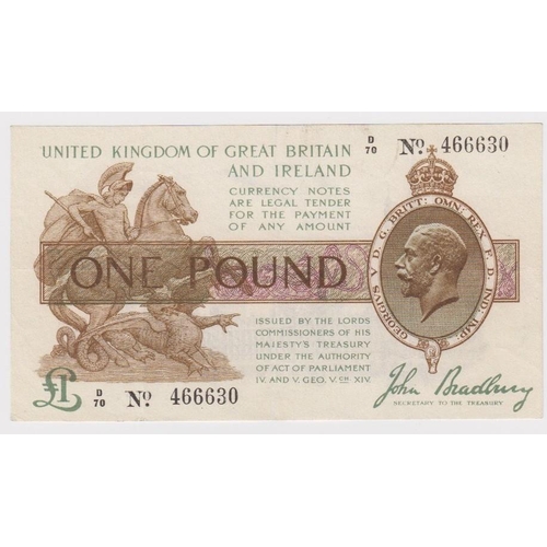 7 - Bradbury 1 Pound issued 1917, serial D/70 466630 (T16, Pick351) good VF