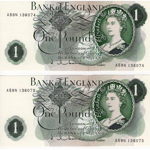 70 - Hollom 1 Pound (2) issued 1963, a consecutively numbered pair of FIRST SERIES notes with small 'G' o... 