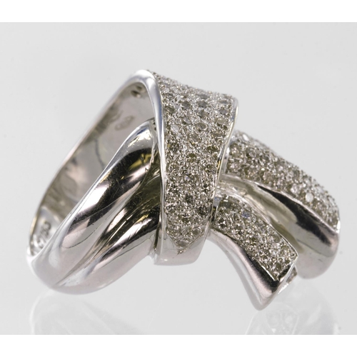 14 - White Gold stamped 750 Ribbon style Pave Diamond set Ring size M weight 19.2g