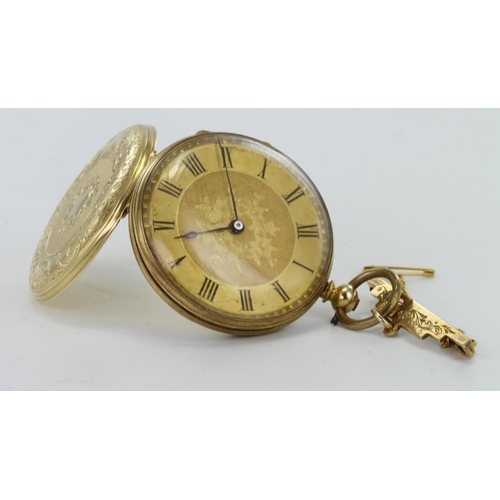 442 - Mid-size 18ct cased (36mm) open face pocket watch with a 9ct brooch attached, working when catalogue... 